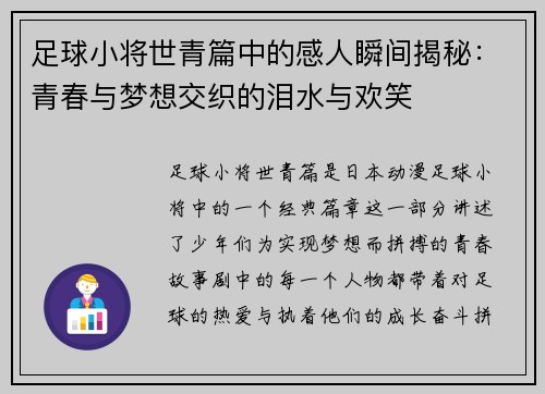 足球小将世青篇中的感人瞬间揭秘：青春与梦想交织的泪水与欢笑
